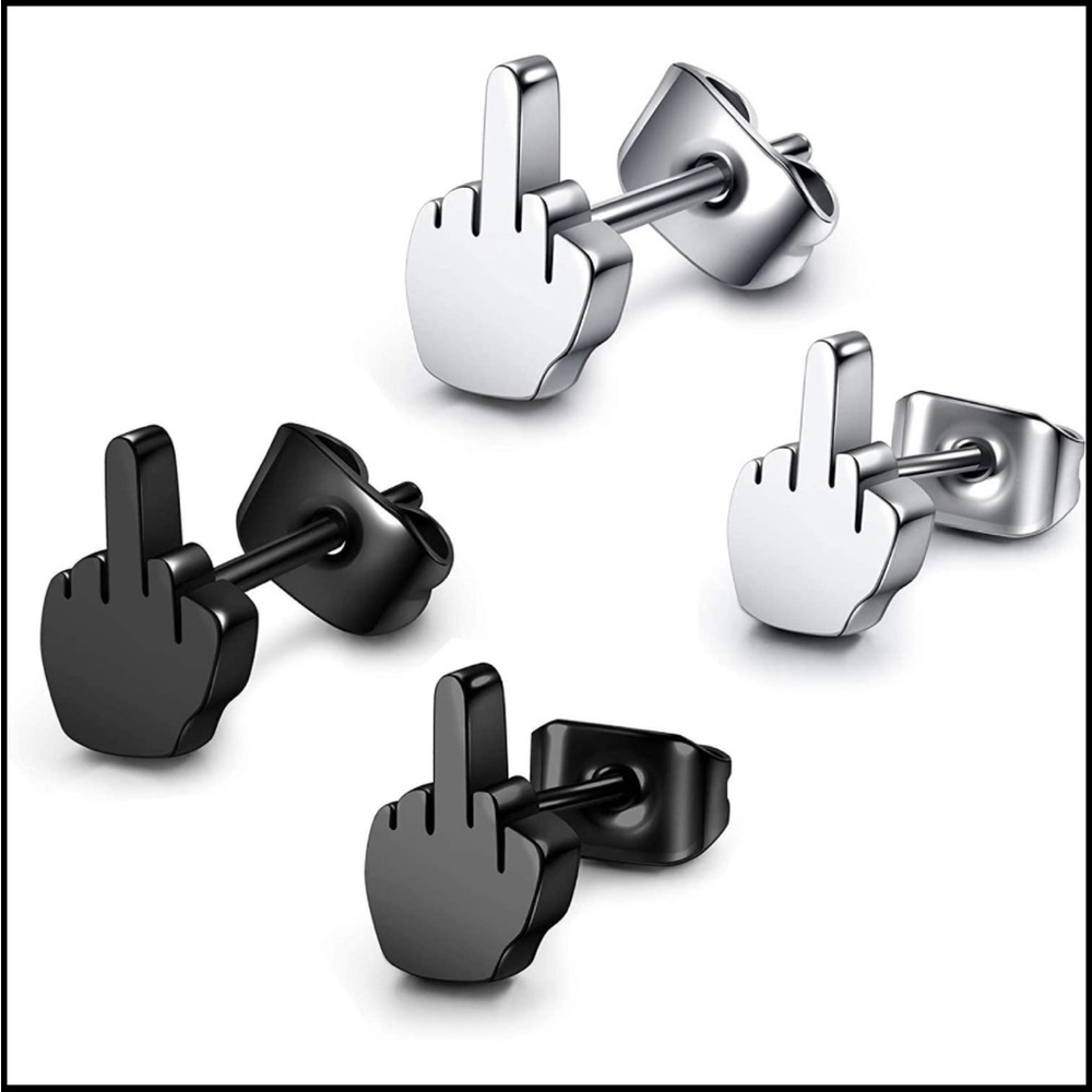 2 pairs of unisex middle finger ear studs earrings stainless steel 20g silver